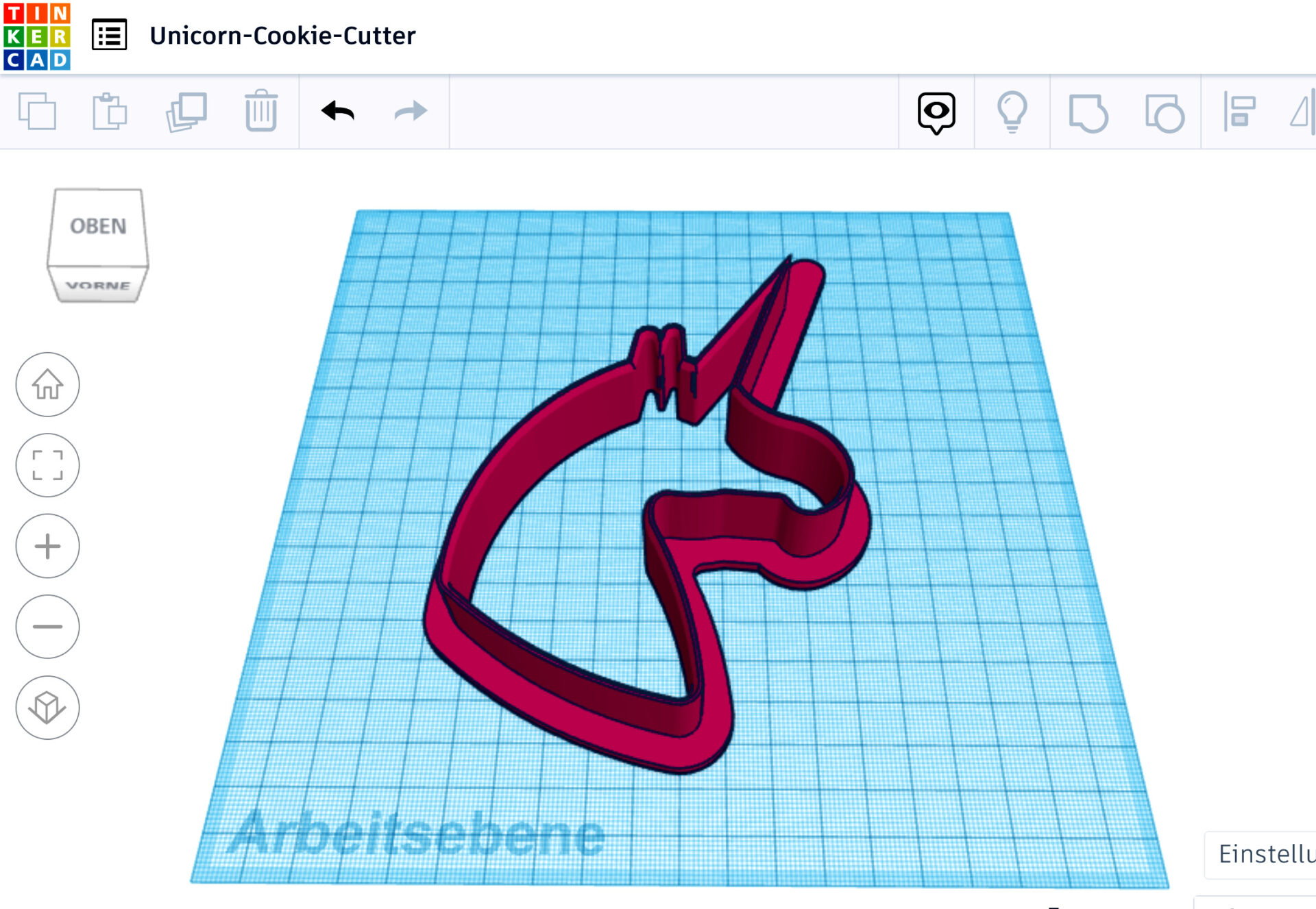 Eine selbst gestaltete Ausstechform für Kekse im Einhorn-Design. Screenshot des Programms TinkerCAD.