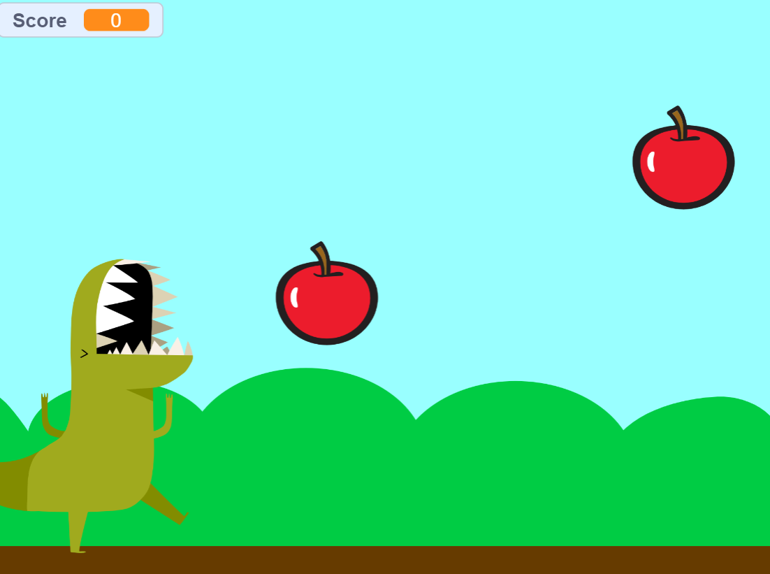 Scrennshot der Anwendung Scratch. Ein Dino frisst Äpfel, die von der Decke fallen.